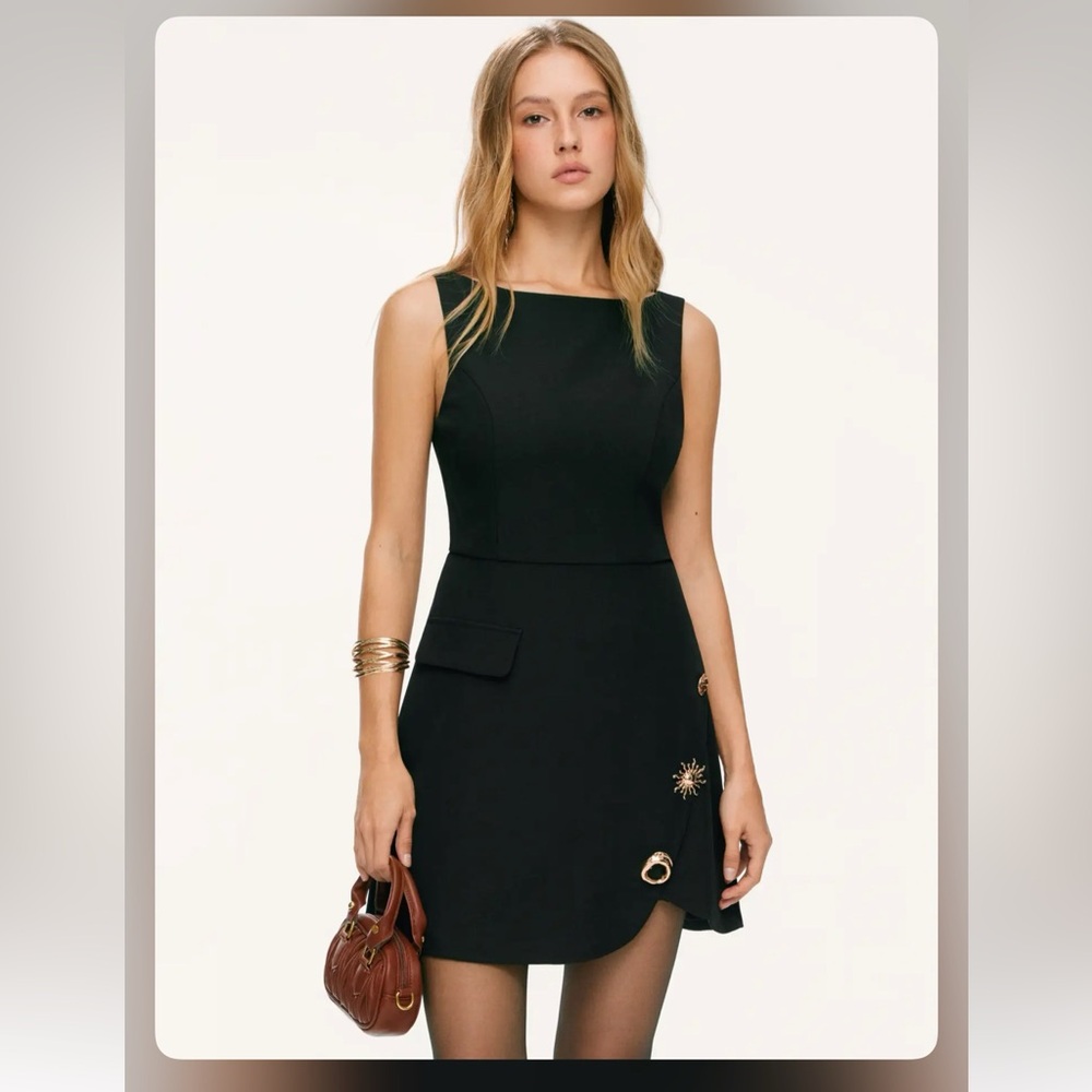 BOAT NECK METAL BUTTON ZIP THROUGH SLEEVELESS SPLIT MINI DRESS S EA-14